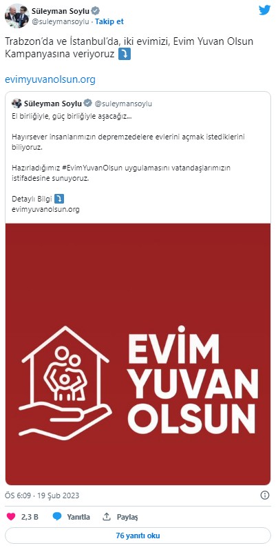 İçişleri Bakanı Süleyman Soylu'da 'Evim Yuvam Olsun' dedi